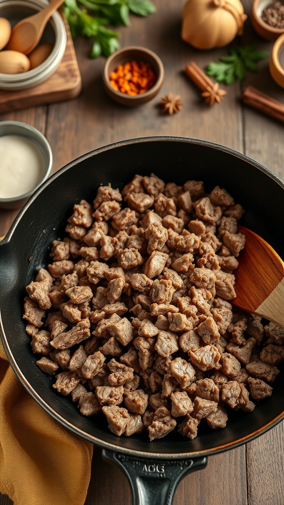 A skillet of browned ground beef seasoned with spices, ready to serve.